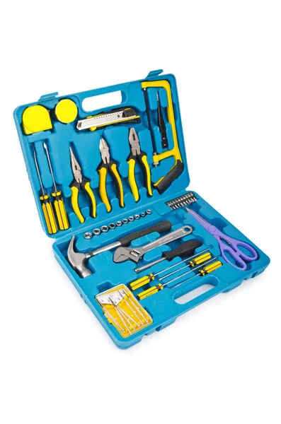 Kit de herramientas con muchas herramientas aisladas en blanco —  Fotos de Stock