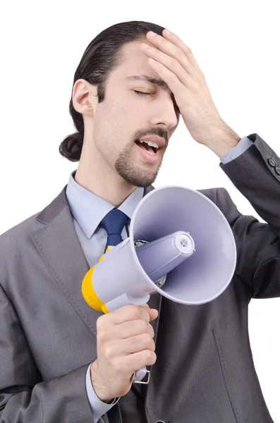 Man shouting and yelling with loudspeaker — Stock Photo, Image