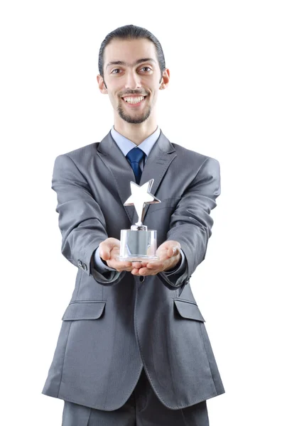 Businessman with award on white — Stock Photo, Image