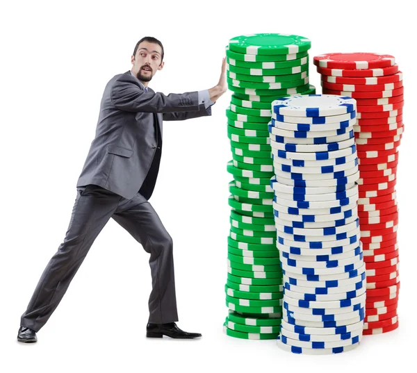 Üzletember és a casino zseton, fehér — Stock Fotó