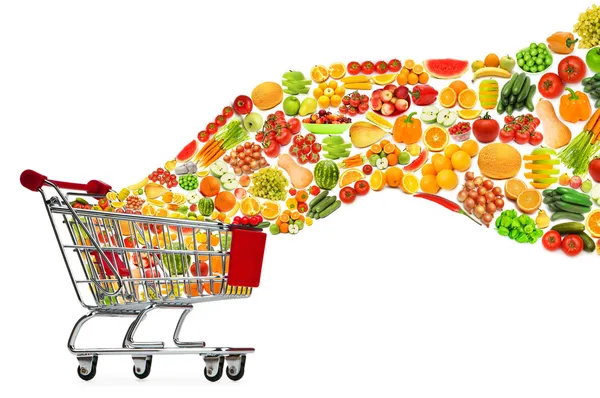 Alışveriş sepeti dışarı uçan gıda ürünleri — Stok fotoğraf