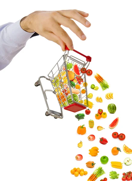 Produtos alimentares que voam fora do carrinho de compras — Fotografia de Stock