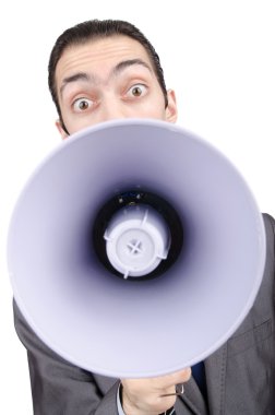 man schreeuwen en schreeuwen met luidspreker