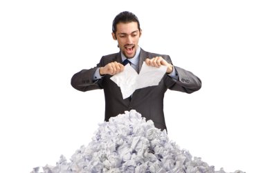 Man with lots of waste paper clipart