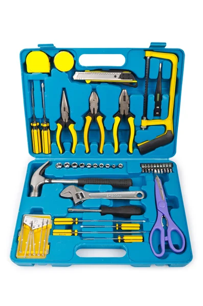 Kit de herramientas con muchas herramientas aisladas en blanco — Foto de Stock