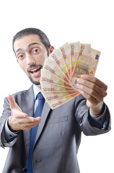 Young businessman with euro on white — Stock Photo, Image