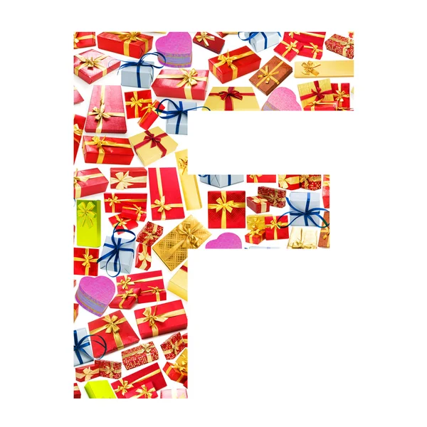 Litera f - alfabet składa się z giftboxes — Zdjęcie stockowe