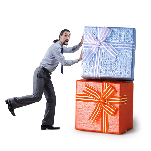 Empresário com caixas de presente em branco — Fotografia de Stock