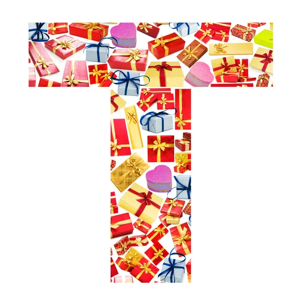 T Carta - Alfabeto hecho de cajas de regalo —  Fotos de Stock