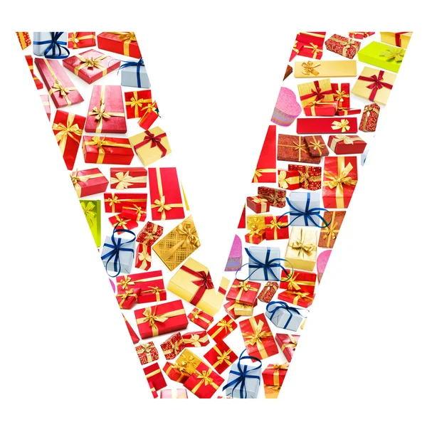 Litera v - alfabet składa się z giftboxes — Zdjęcie stockowe