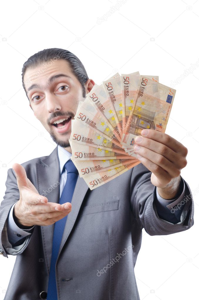 Young businessman with euro on white