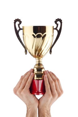 Hands with winners cup on white clipart