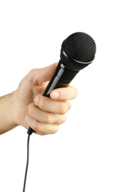 Hand holding microphone on white clipart