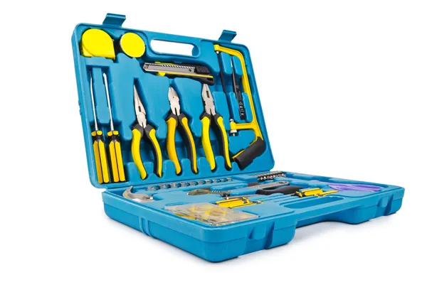 Kit de herramientas con muchas herramientas aisladas en blanco —  Fotos de Stock