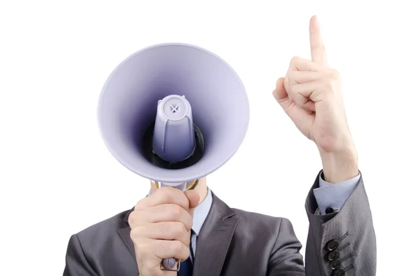 Man shouting and yelling with loudspeaker — Stock Photo, Image