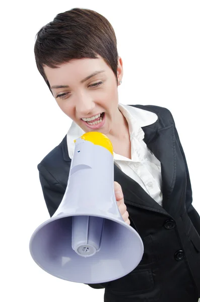 Junge Geschäftsfrau schreit in Lautsprecher — Stockfoto