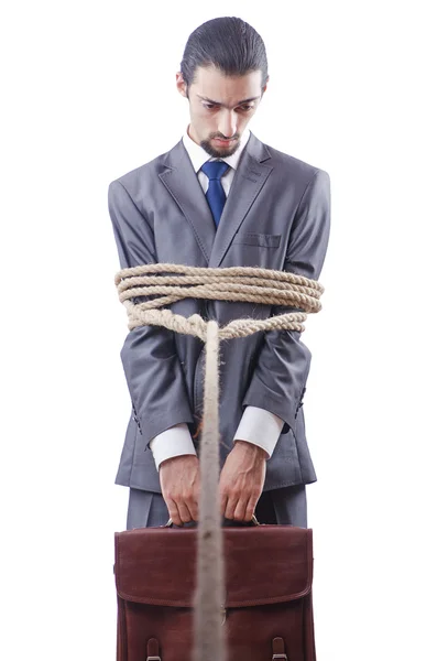 Empresário amarrado com corda — Fotografia de Stock
