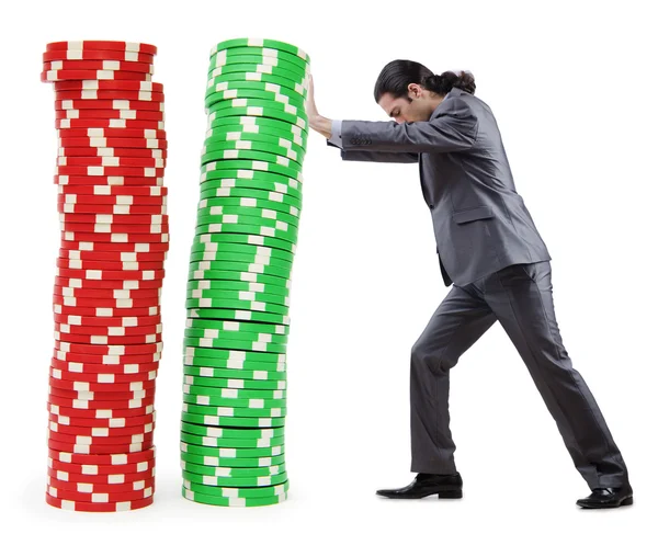 Empresário e fichas de casino em branco — Fotografia de Stock