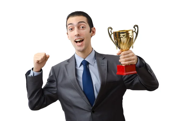 Man being awarded with golden cup — Stock Photo, Image