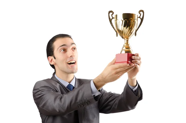 Man being awarded with golden cup — Stock Photo, Image