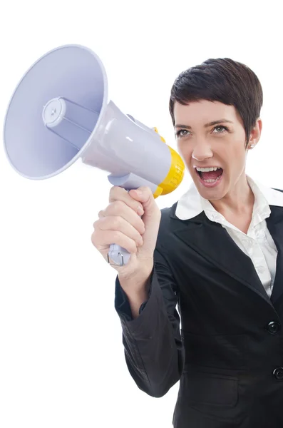 Jonge bedrijf dame schreeuwen naar luidspreker — Stockfoto