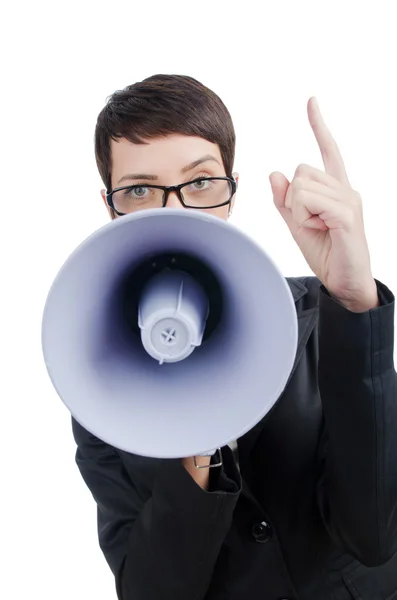 Young business lady screaming to loudspeaker — Stock Photo, Image