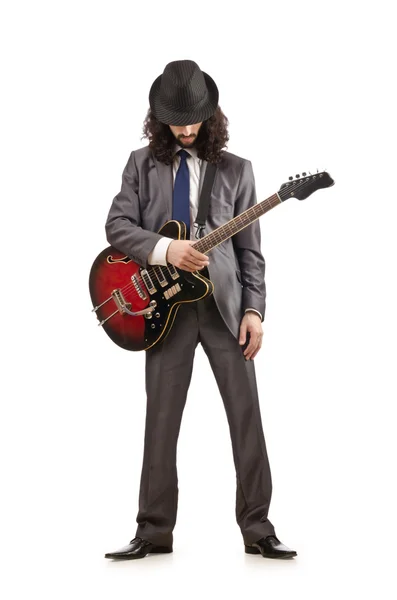 Jovem guitarrista isolado em branco — Fotografia de Stock
