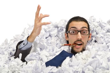 Man with lots of waste paper clipart