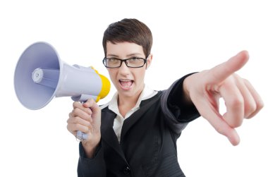 Young business lady screaming to loudspeaker clipart