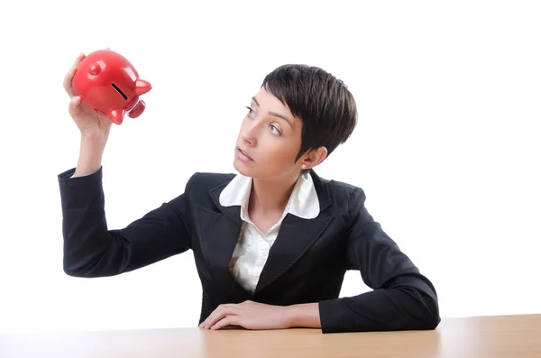 Mulher e piggybank em branco — Fotografia de Stock