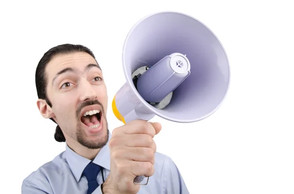 Mężczyzna krzyczy i krzyczy z głośnika — Zdjęcie stockowe