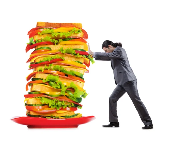 stock image Man and giant sandwich on white