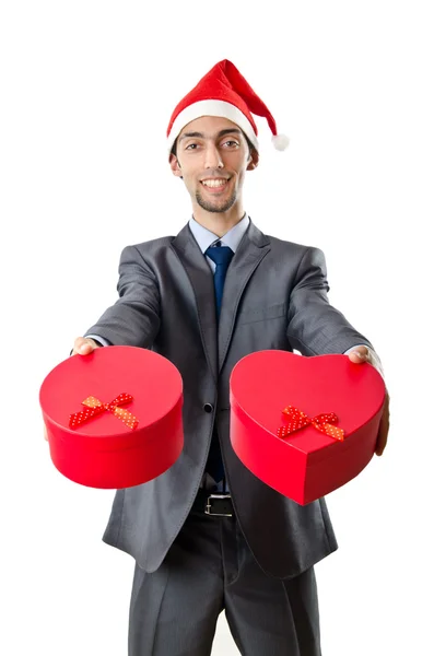 Office worker offering giftbox on white — Stock Photo, Image
