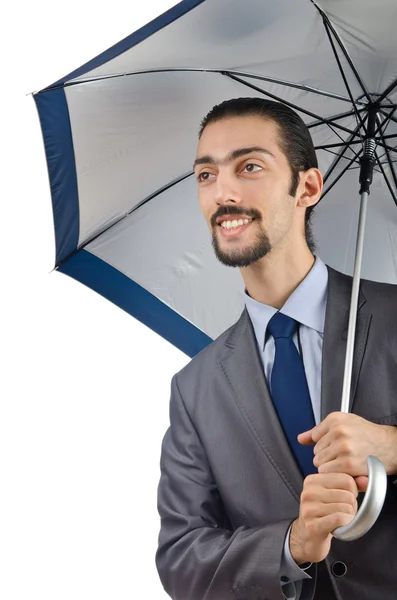 Uomo con ombrello su bianco — Foto Stock