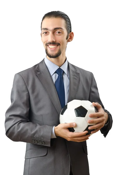 Podnikatel hospodářství fotbal na bílém pozadí — Stock fotografie