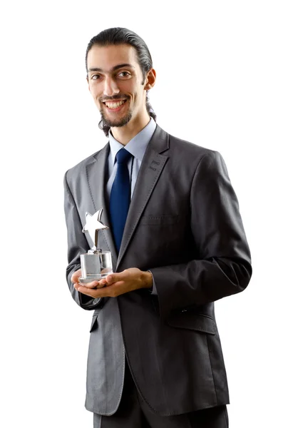 Бизнесмен получает звездную награду по белому — стоковое фото