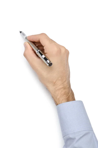 Рука з ручкою, що пише на білому — стокове фото