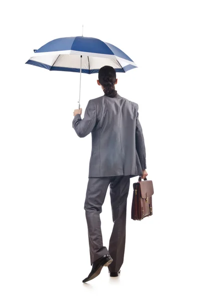 Affärsman med paraply på vit — Stockfoto
