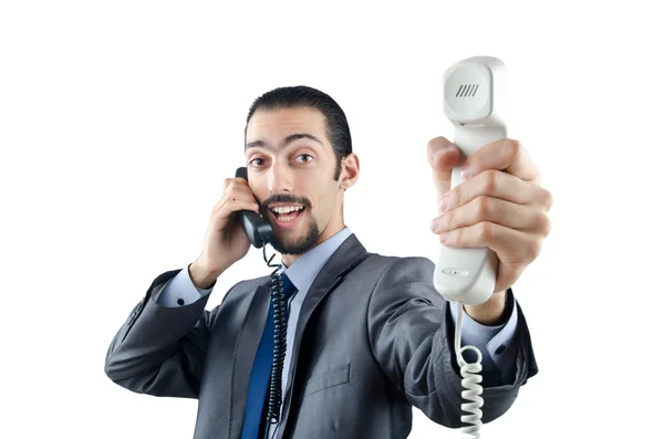 Homem com telefone isolado no branco — Fotografia de Stock