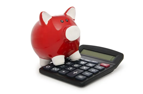 Calculator and piggy bank on white — Stock Photo, Image