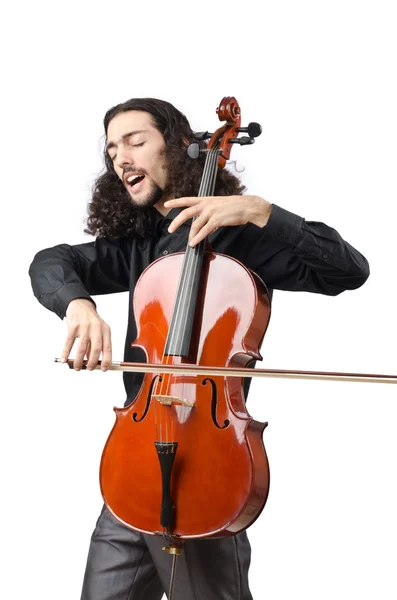 Člověk hraje violoncello na bílém pozadí — Stock fotografie