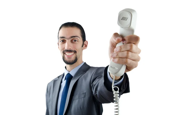 Человек с телефоном изолирован на белом — стоковое фото