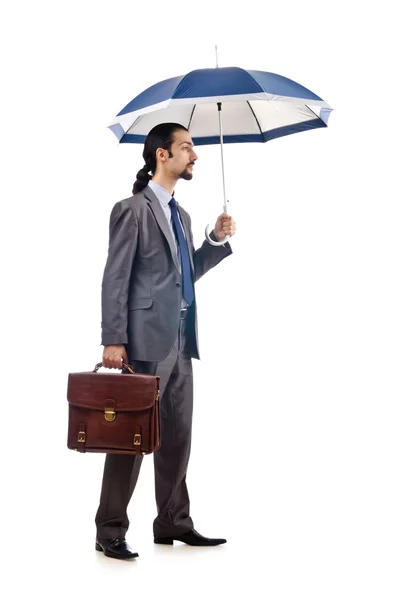 Biznesmen z parasolem na biały — Zdjęcie stockowe