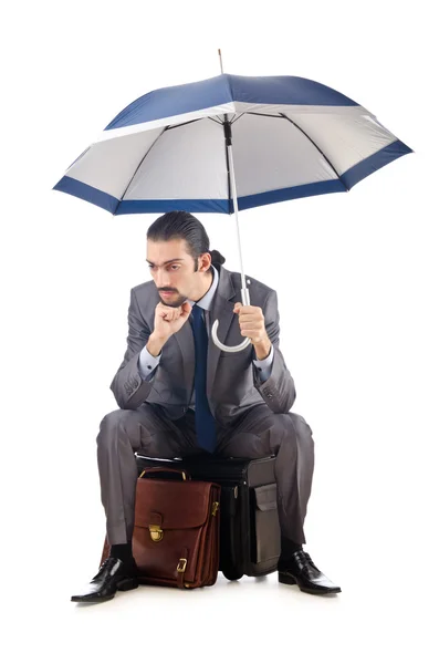 Uomo d'affari con ombrello su bianco — Foto Stock