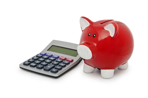 Calculator and piggy bank on white — Stock Photo, Image