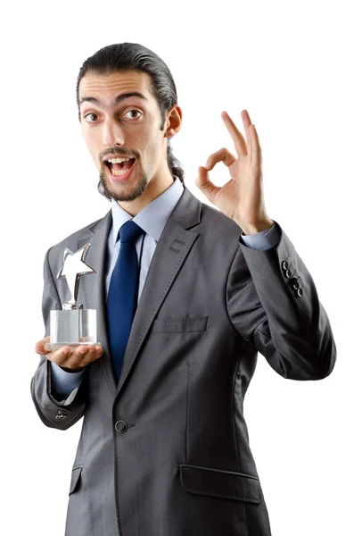 Businessman receiving star award on white — Stock Photo, Image