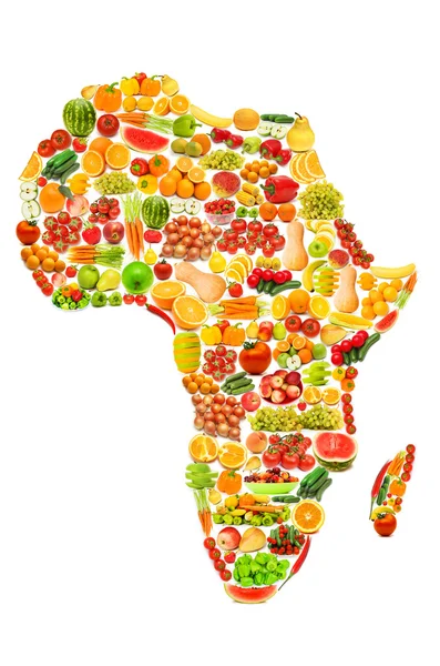 Mapa del mundo hecho de muchas frutas y verduras — Foto de Stock