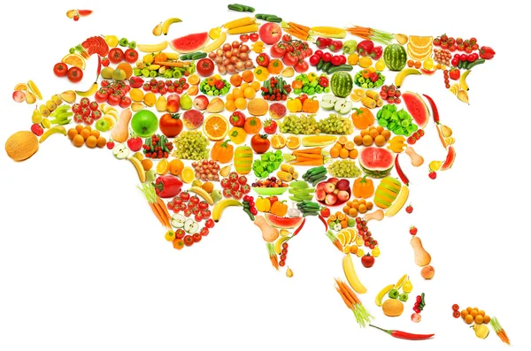 世界地图做的很多水果和蔬菜 — 图库照片