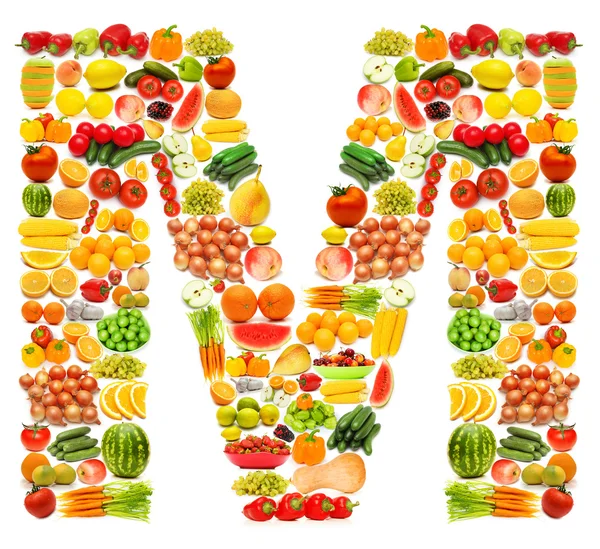 Алфавит из многих фруктов и овощей — стоковое фото