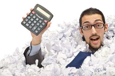 Man with lots of waste paper clipart